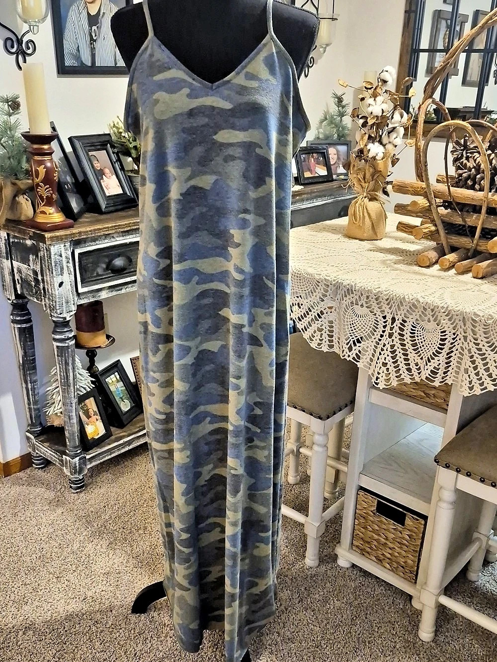 Three Bird Nest Camo - Maxi Dress in Blue & Green